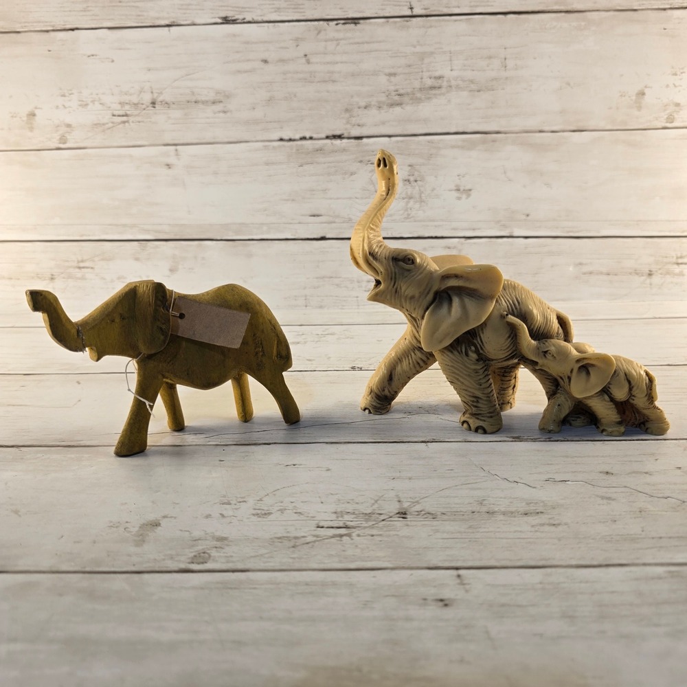 Vintage Elephant Figurine Set 1 Hand Carved Wood and 1 Resin Mother Baby England